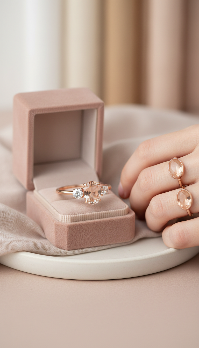 Custom Three-Stone Diamond & Peach Quartz Ring